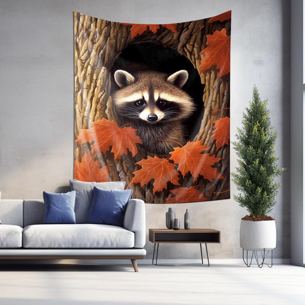 Autumn Raccoon Wall Hanging  Cute Animal Theme Wall Decor Tapestry