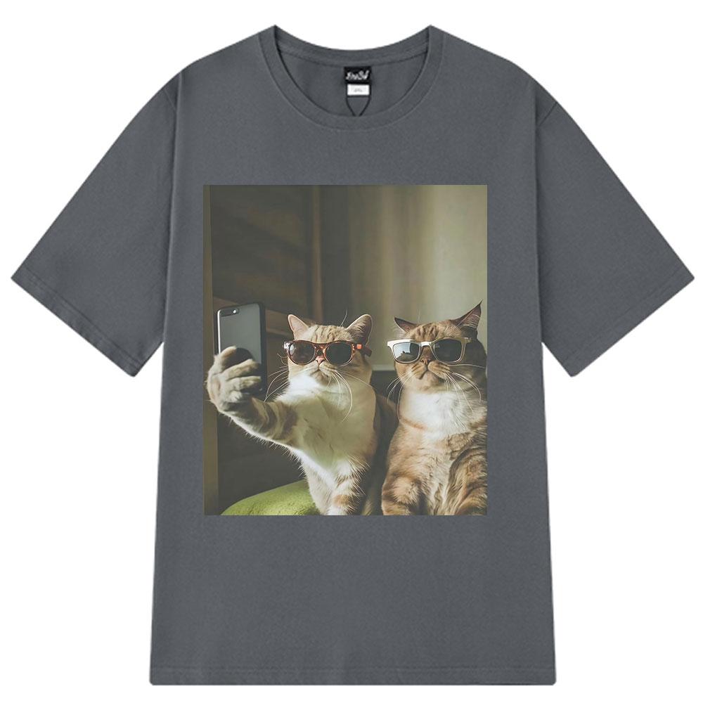 2026 Summer Cotton Tee Selfie Cool Cats Funny Meme Graphic Unisex Women Plus Size Loose Casual Hip Hop Streetwear Breathable Top