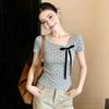 Pure Cotton, Korean Polka Dot Bow Diagonal Neck Short-sleeved T-shirt Women's Summer Slim-fitting and Thin Short Spice Girl Top