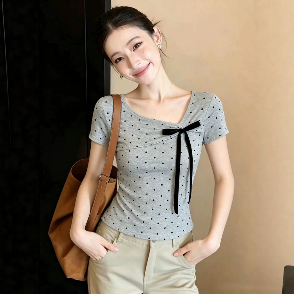 Pure Cotton, Korean Polka Dot Bow Diagonal Neck Short-sleeved T-shirt Women's Summer Slim-fitting and Thin Short Spice Girl Top