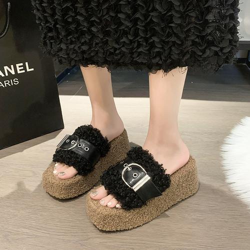 

Модные женские тапочки из овечьей шерсти, верхняя одежда на осень-зиму, на толстой подошве, с пряжкой из бисквитного ремня, модные хлопковые тапочки 39 чёрный