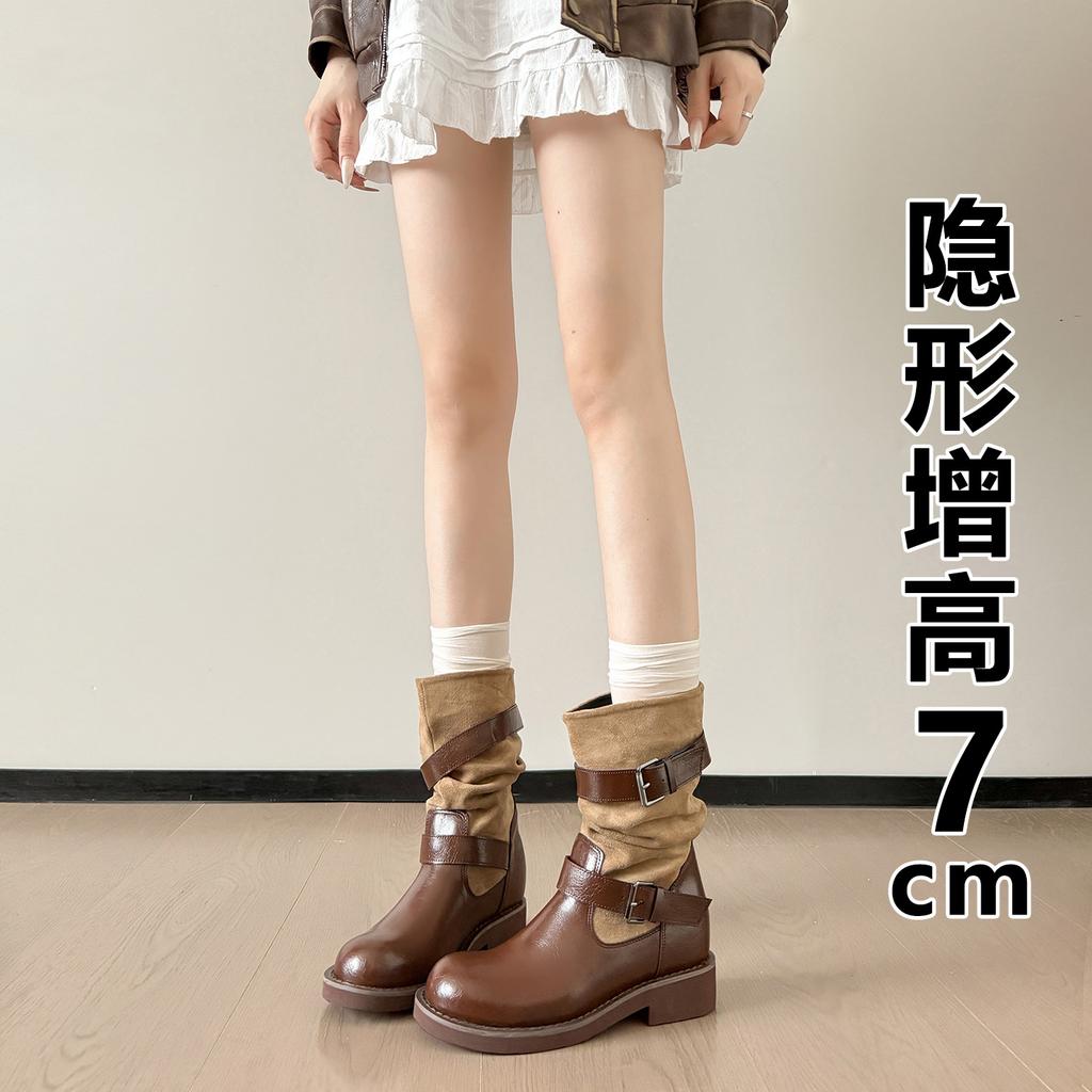 Inner height increase retro color matching belt buckle sleeve stacking boots women's new versatile round head thick heel western cowboy boots