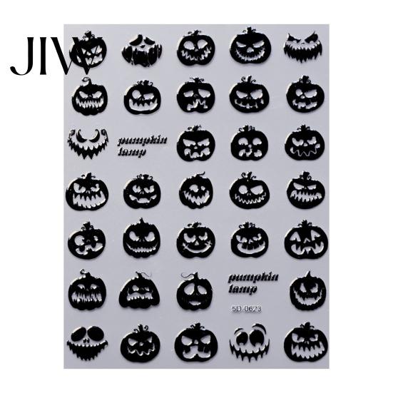 Funny Expression Nail Decals Halloween Art Stickers, 3D Embossed Skeleton Hand Pumpkin Bat Retro Black Stickers Decals, Self-Adhesive Manicure