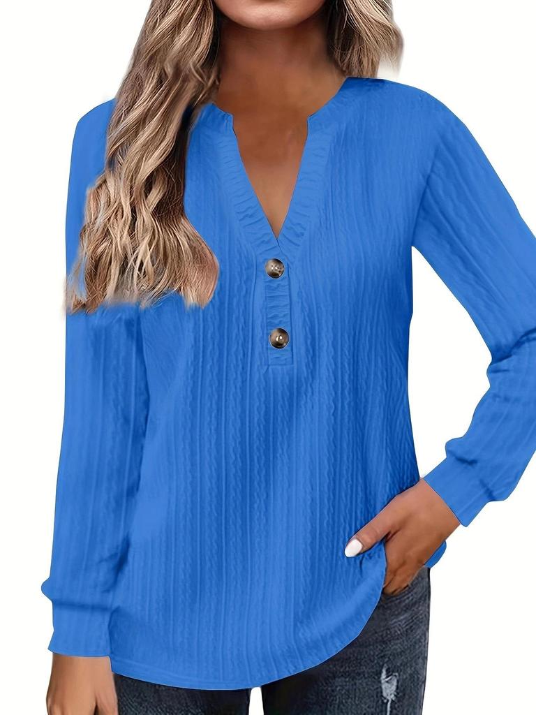European & American Autumn/Winter Women's Long-Sleeve V-Neck Button T-Shirt 2024
