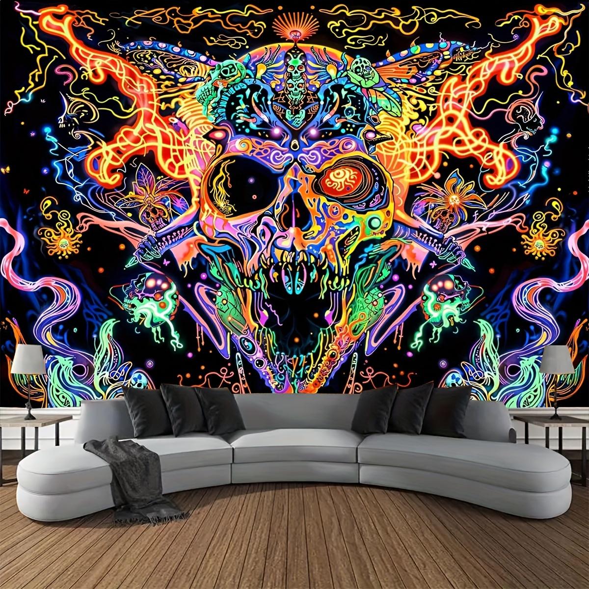 Psychedelic Skull Tapestry with Flames Butterflies and Floral Patterns Gaming Room Music Studio Living Room Feature Wall 100X70CM