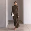 Women Solid Pleated Long Sleeve Fitted Bodycon Elegant Evening Long Dress