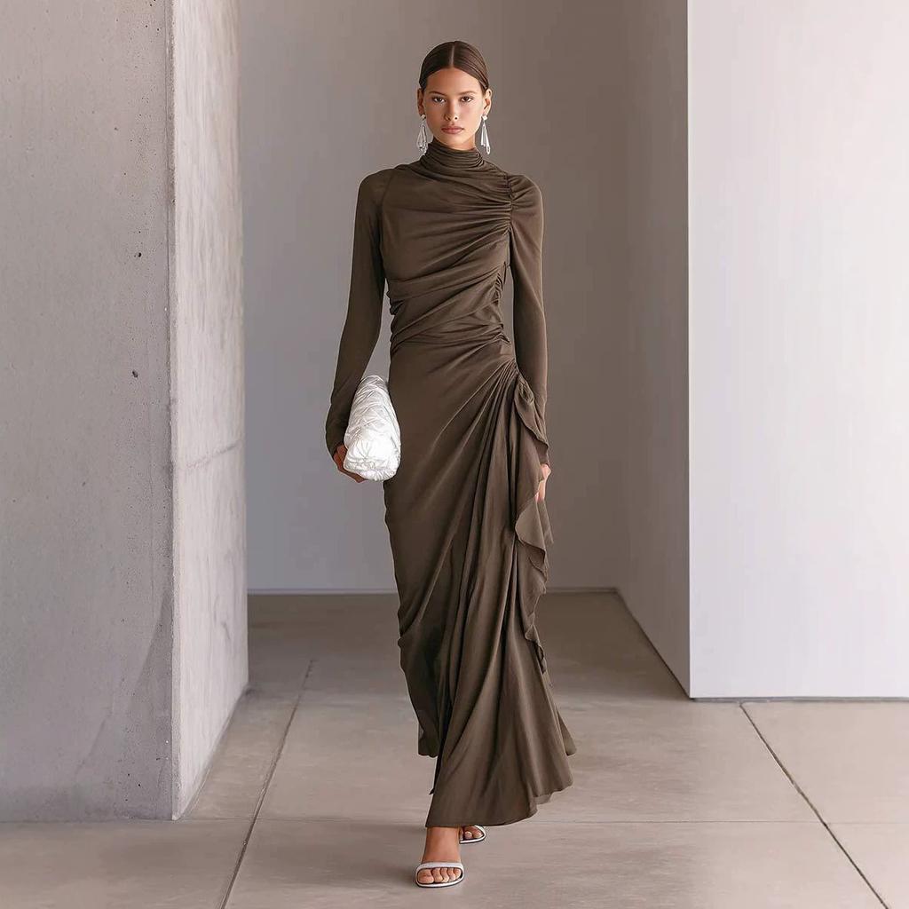 Women Solid Pleated Long Sleeve Fitted Bodycon Elegant Evening Long Dress