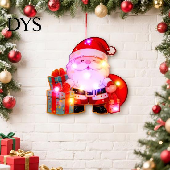 Reusable Xmas Door Hanging LED Light Up Christmas Ornaments, Santa Reindeer Bear Wreath Holiday Party Background Supplies Hanger, Battery Powered Wall