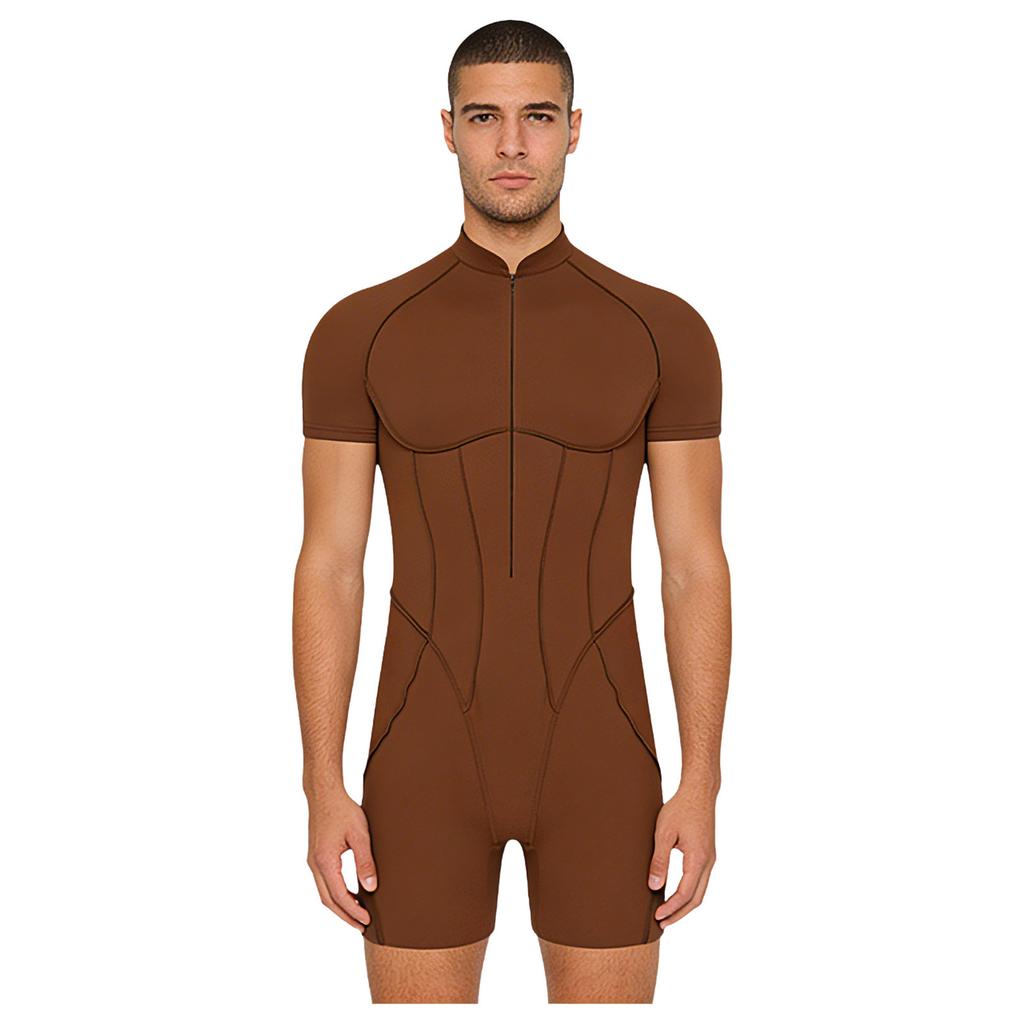 Heren Trainings Romper Bodysuit Hoge Hals Ritssluiting Voorkant Korte Mouwen Korte Broek Bodysuit Bodybuilding Jumpsuit