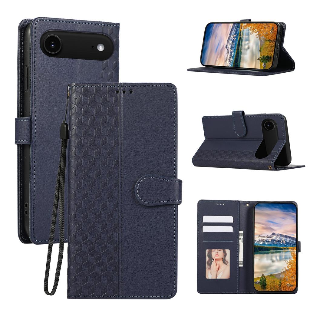 For iPhone 17 Air Case 3D Rhombus Grid Imprinted Wallet Leather Phone Cover with Lanyard