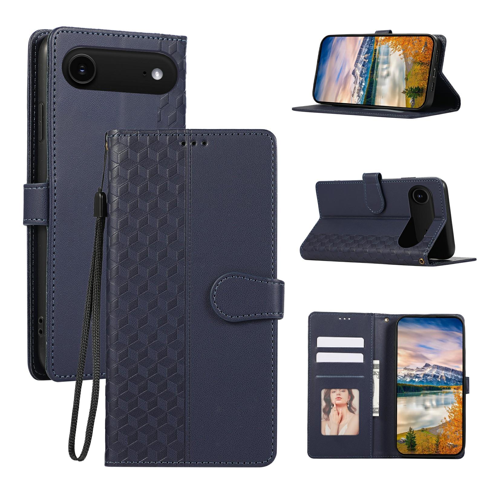 

For iPhone 17 Air Case 3D Rhombus Grid Imprinted Wallet Leather Phone Cover with Lanyard Blue