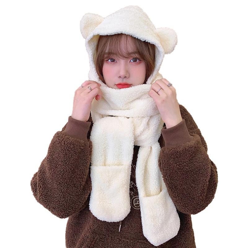 1Pc Cute Bear Ear Hat Scarf Gloves 3-In-1 Winter Warm Hedging Cap Women Windproof Plush Hat Scarf