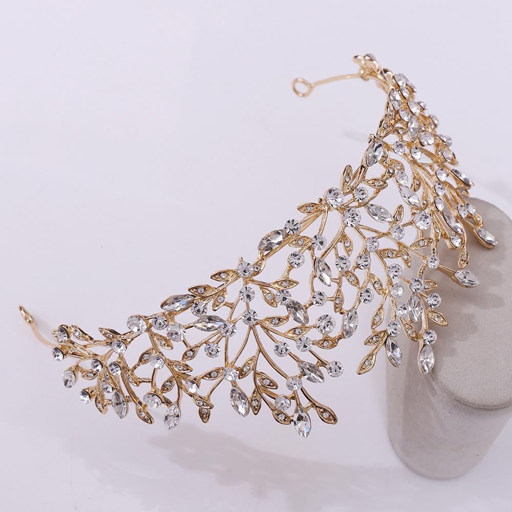 Baroque Vintage Gold Green Crystal Leaf Bridal Tiaras Crown Rhinestone Pageant Diadem Bride Headbands Wedding Hair Accessories