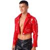 Mens Cropped Motorcycle Jacket Patent Leather Wet Look Long Sleeve Club Party Coat Streetwear