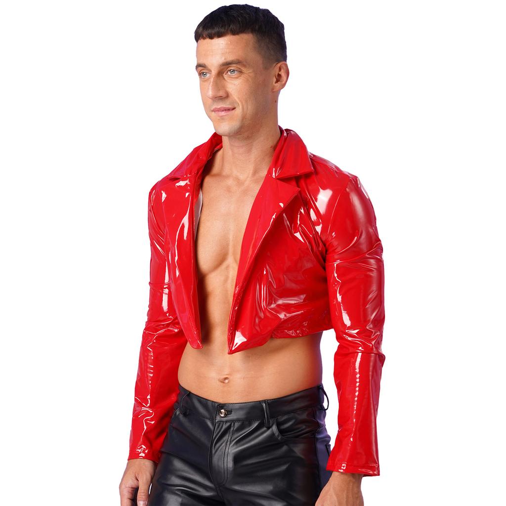 Mens Cropped Motorcycle Jacket Patent Leather Wet Look Long Sleeve Club Party Coat Streetwear
