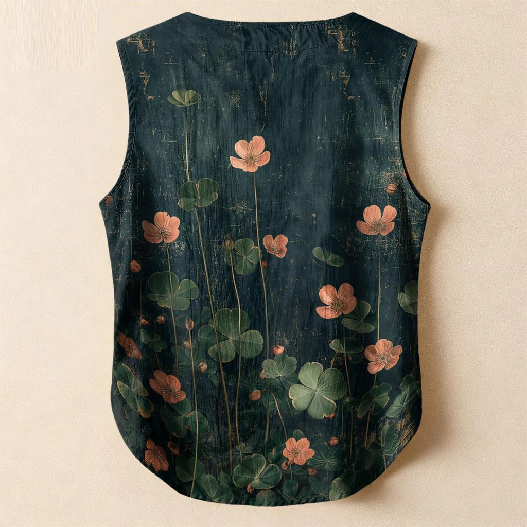 Women's Casual, Loose-Fitting, Printed, Sleeveless Linen Blouse