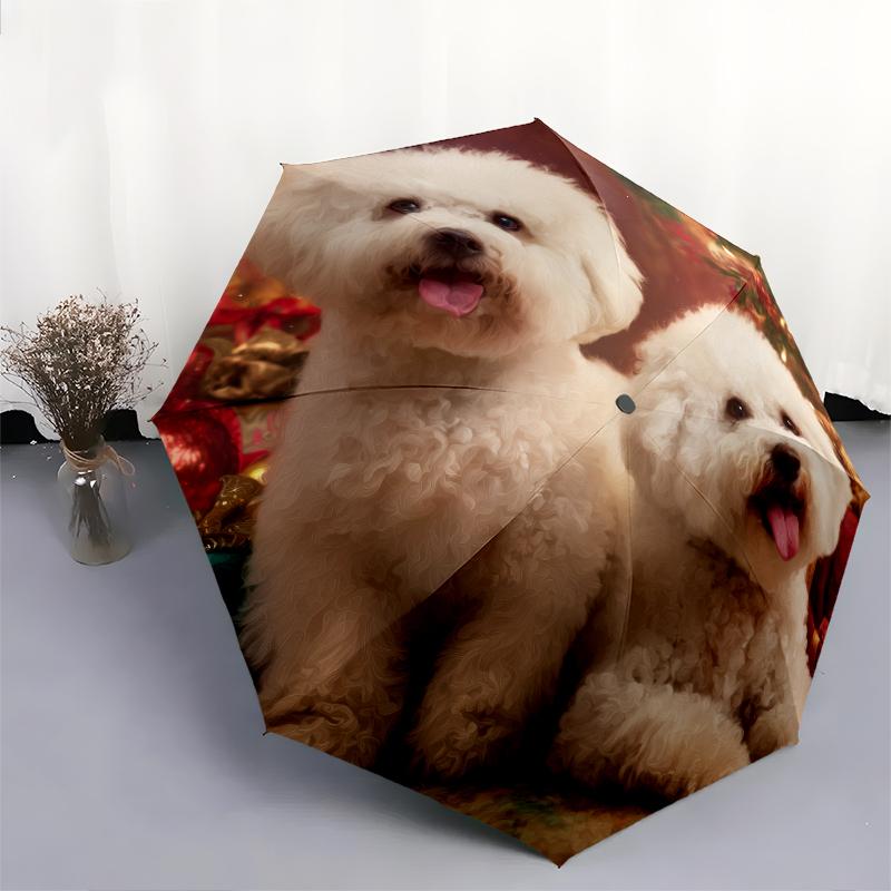 Two Bichon Pattern, Automatic Folding Umbrella, Portable and Foldable Design, 8 Ribs, a Christmas or Birthday Gift.
