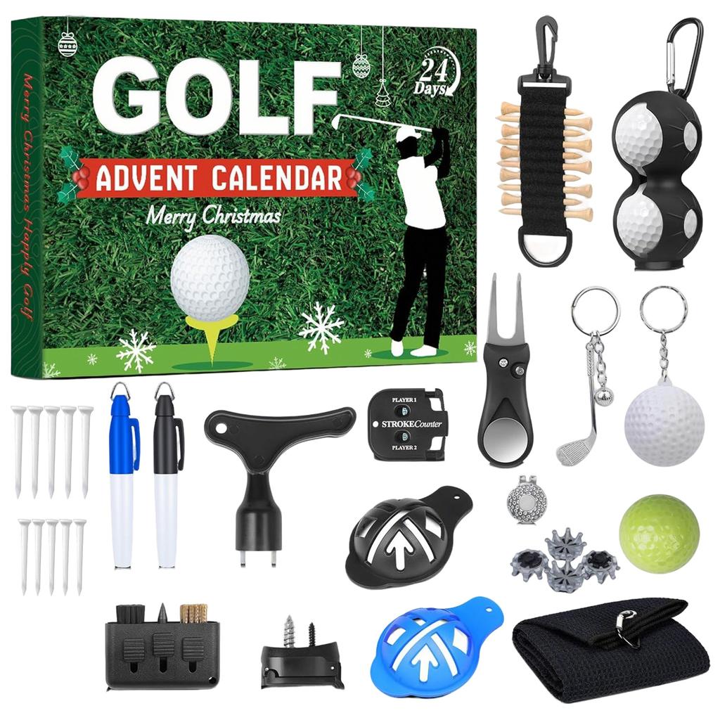 24 Days Christmas Golf Advent Calendar Gift Box Accessory Set Golf Themed Design for Men Women Kids Enthusiasts Stocking Stuffer