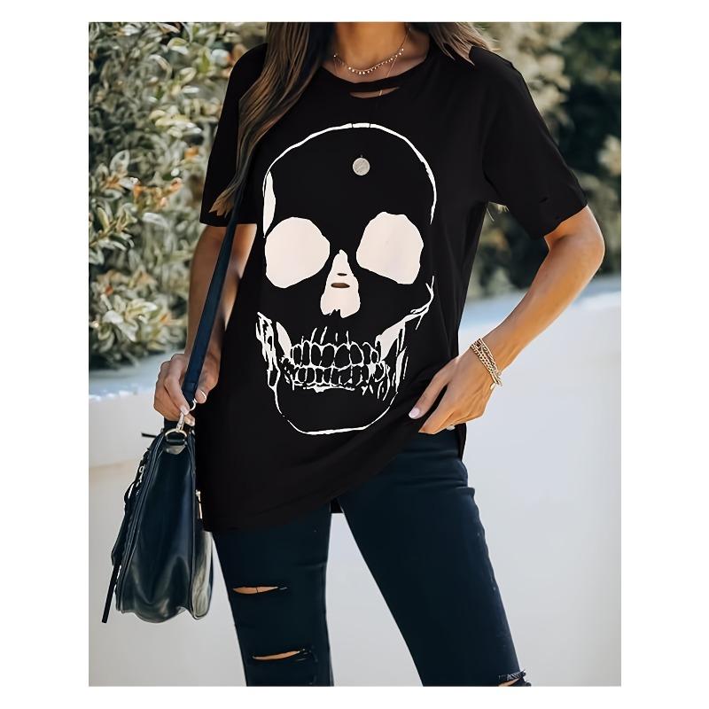 Womens YK Retro Damaged Skull Dark Gothic Style Tshirt Summer New Item Suitable for Both Unisex and Women Casual Cotton Tshirt