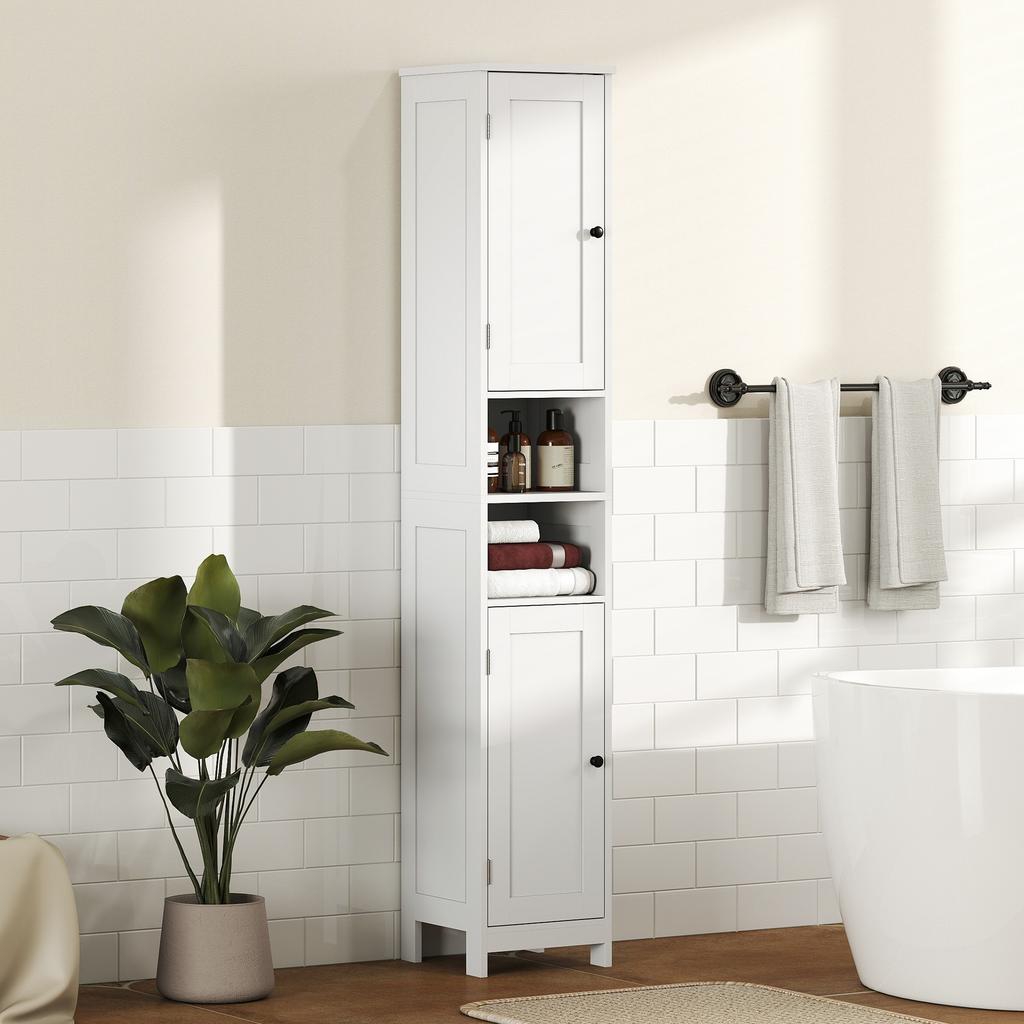 Hoher Badezimmerschrank mit 2 offenen Regalen und 2 verstellbaren Schrankfächern, Holz, 30x30x170 cm, Weiß