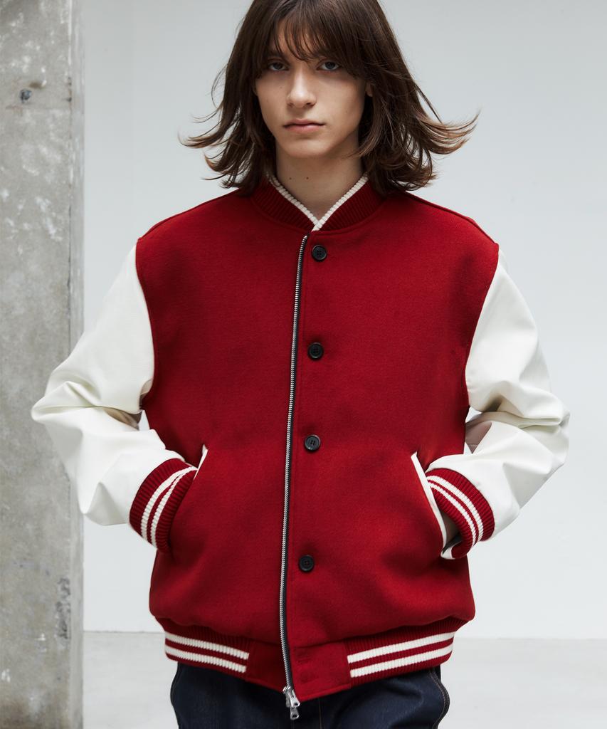 Trip Le Sens Double Button Zipper Wool Varsity Jacket_Black