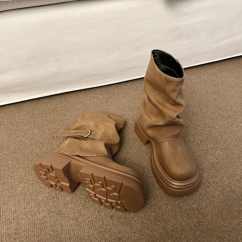 Brown Ort Boots Women'S Autumn Winter Thi Bot Faion Boots Slim Leg Tube Shoes Street Sle Round Toe Women Shoes