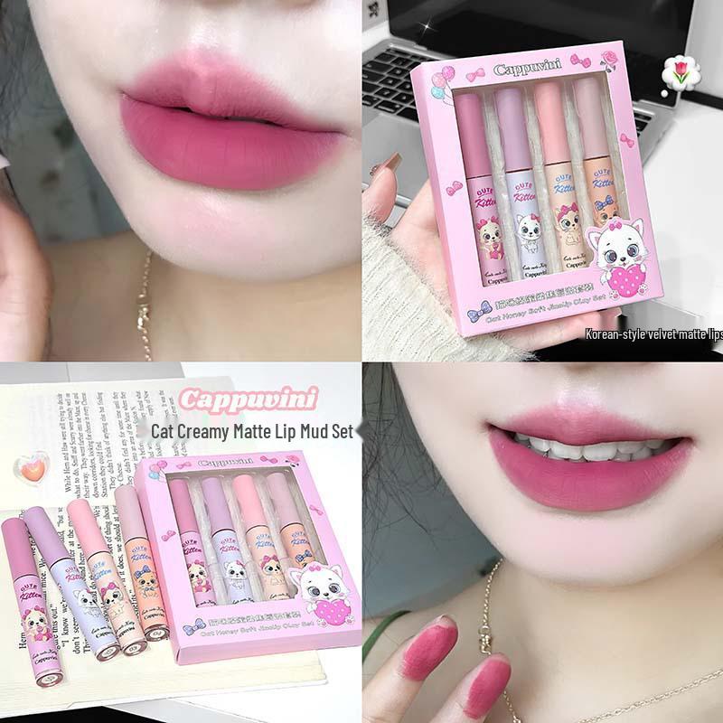 CAPPUVINI Cat Cotton Mist Soft Matte Lip Mud Set - Nude Matte Milk Cake Lip Glaze for Women