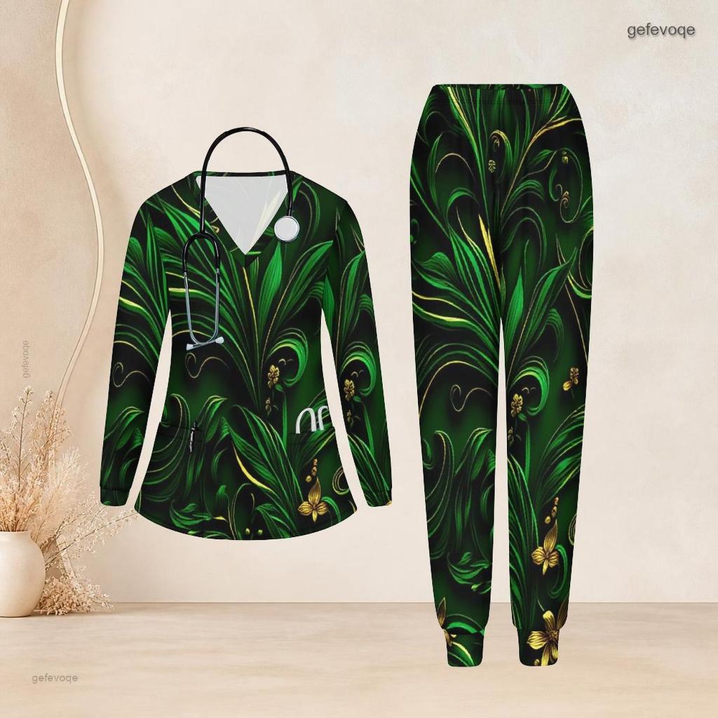 Women Plus Size Green Printed Nurse Scrub Set V Neck Long Sleeve Top With Pockets Long Pants