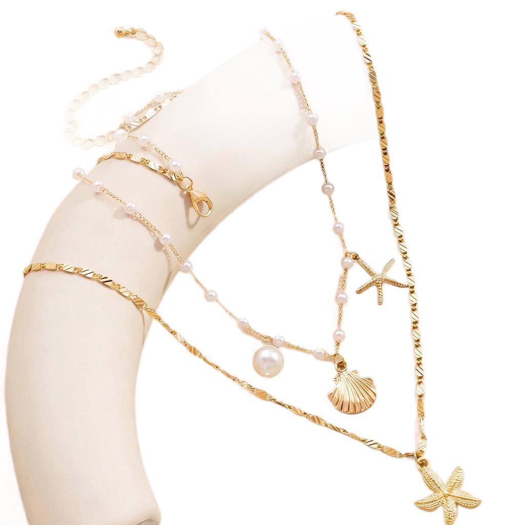 Bohemian Starfish Shell Pendant Necklace Ocean Series Imitation Pearl Vacation Wind Collarbone Chain Women