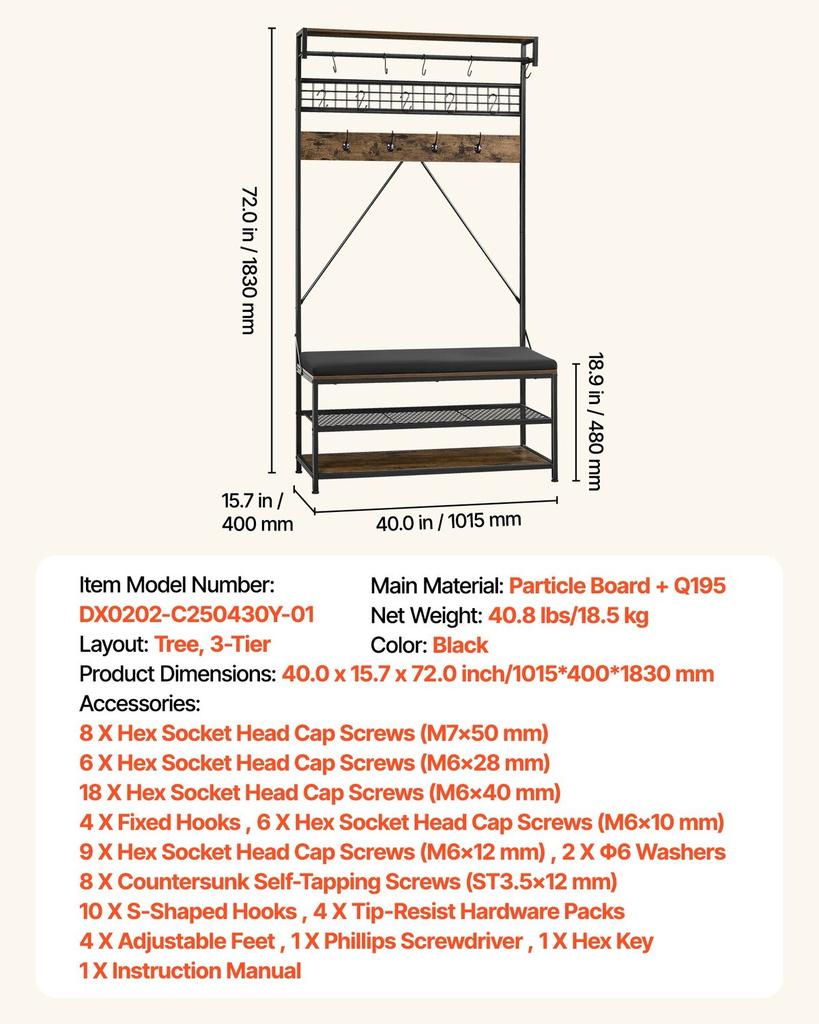 Hall Tree, 1830 mm Coat Rack with Shoe Bench, 2-Tier Freestanding Shoe Rack Storage Organizer with Hooks, Hanging Rod and Wire Shelf, Steel Frame