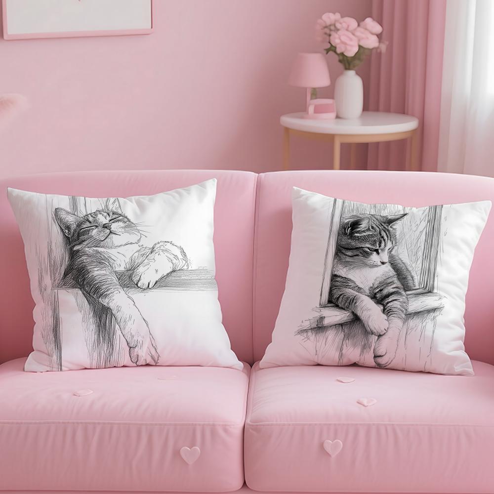 Cat Sketch Cushion Cover Short Plush Double-Sided Printing Home Machine Washable In Warm Winter Pillow Cover