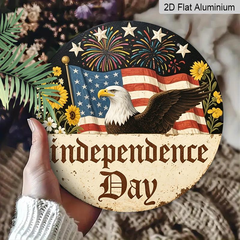 2D Flat, 1pc Round Decor, Vintage Patriotic American Flag, Eagle, Fireworks, Liberty, Aluminum Wall Decor for 4th of July, Home, Office, Porch