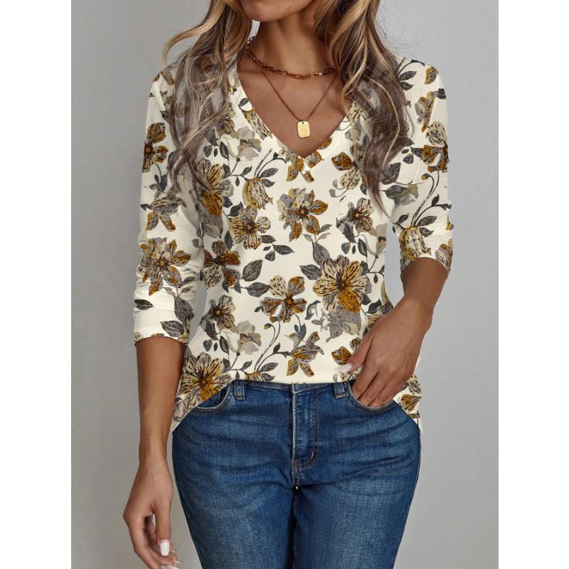 Damen 3D Retro Floral Print V-Ausschnitt Langarmshirt Schlankmachender Polyesterstoff Frühling und Herbst Lässiger Stil Oberteil