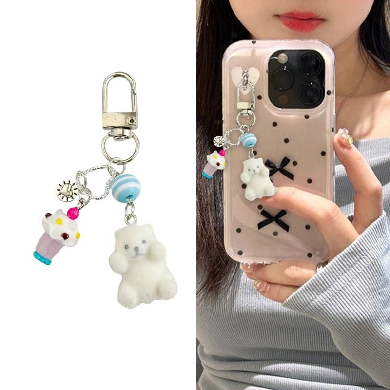 Cute Ice Cream Keychain Soft Flocking Bear Pendant Charm Phone Chain Beaded Lightweight Decoration For Women Gifts