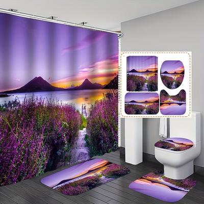 4Pcs Luxury Lavender  Shower Curtain Sets Waterproof  for Bathroom Non-Slip Bathroom Rugs Lid Toilet Cover Bath Mat