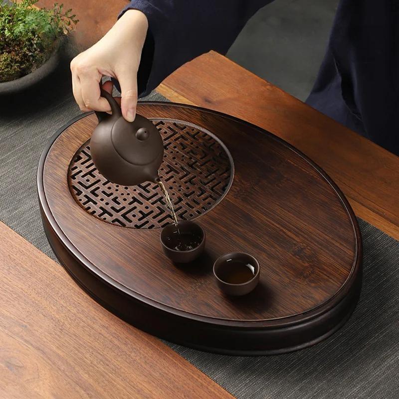 Bamboo Dry Soaking Tray Household Oval Tea Trays Large Capacity Tea Tray Small Draining and Storing Water Teaware Accessories