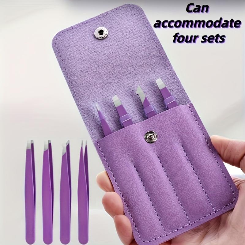 4-Piece Stainless Steel Tweezers Set Grooming Kit for Eyebrow Shaping, Beard Hair Removal & Eyelash Extension, Purple Case