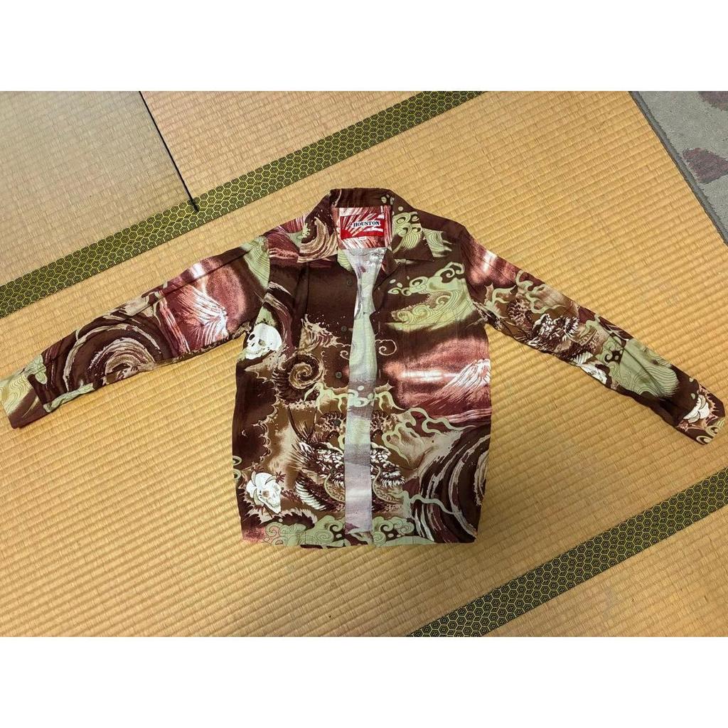 Used Houston Japanese pattern skull Mt. Fuji dragon long-sleeved shirt brown men's aloha shirt