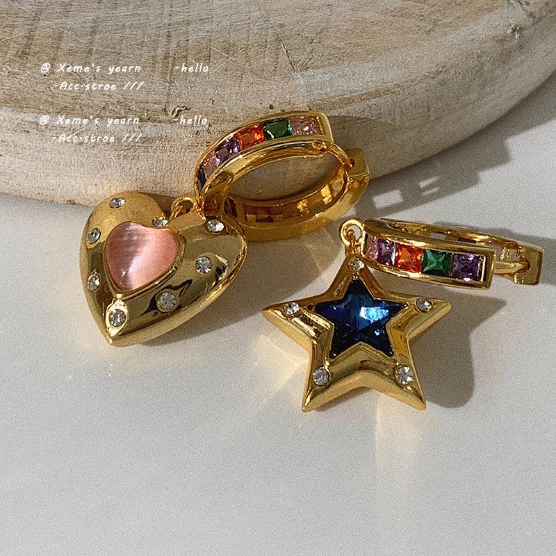 

European and American Fashion Retro Pink Opal Heart-shaped Star Asymmetric Earrings Fashion Jewelry Accessories For Woman 2026