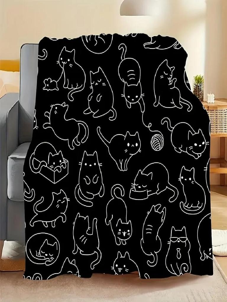 Cute Black White Kitten Flannel Blanket  Soft Warm AllSeason Throw for SofaBedOfficeTravel Perfect Gift for Cat Lovers