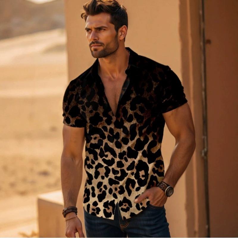 Summer New Men s Leopard Print Short Sleeve Shirt Fashion Casual Top S