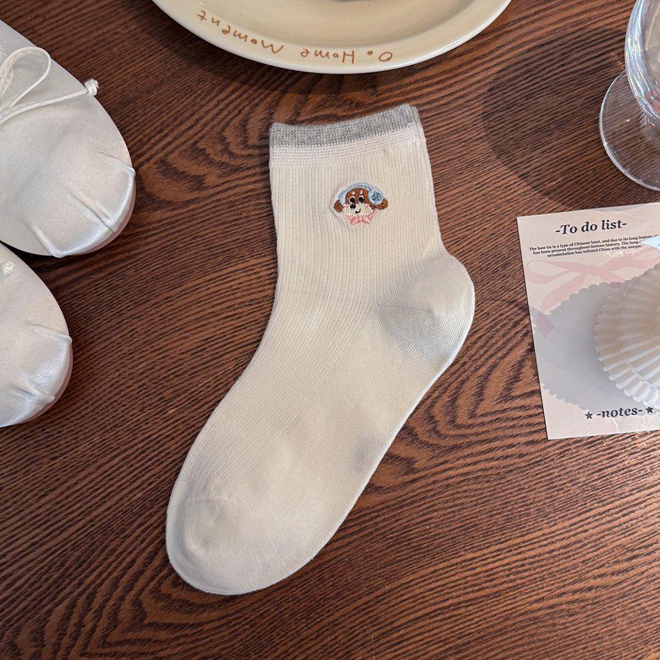 Korean Style Thin Cartoon Puppy Embroidered Mid-Calf Socks for Girls - Breathable Mesh, Seamless Ruffle Design