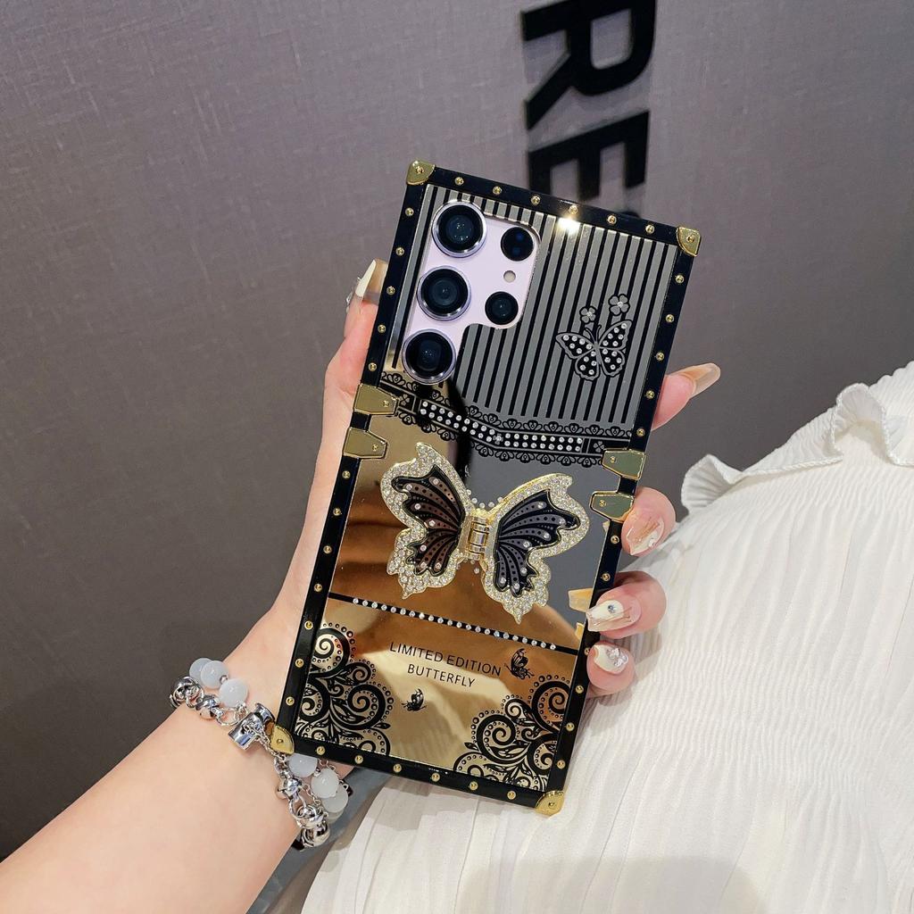 Suitable for Samsung S24 Butterfly Diamond  Inlay Bracket Mobile Phone Case A73 Makeup Mirror Catwalk Square Protective Case High End