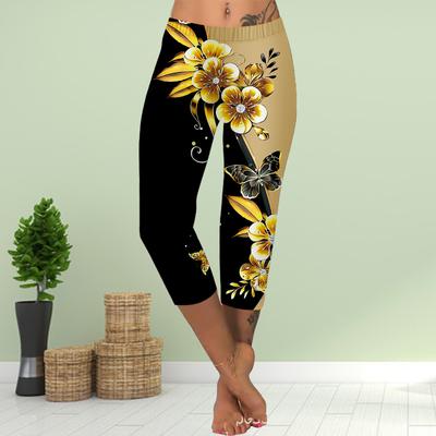 Spodnie Letnie Krótkie Leginsy Przycięte Spodnie Skinny Plus Size Leginsy Damskie Slim 3D Złote Kwiaty Nadruk Spodnie