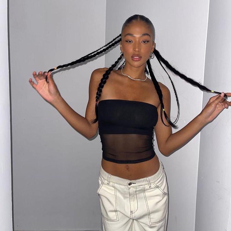 Women's Sexy Off-Shoulder Mesh Strapless Crop Top - Casual Summer Slim Fit