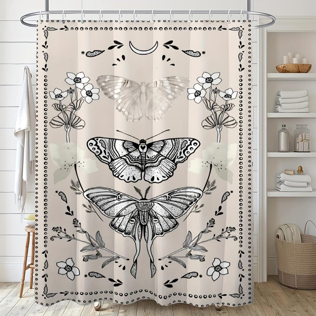 1pc Butterfly Pattern Shower Curtain With Hooks, Waterproof Bathroom Partition Curtain, Bathroom Accessories, Home Decor
