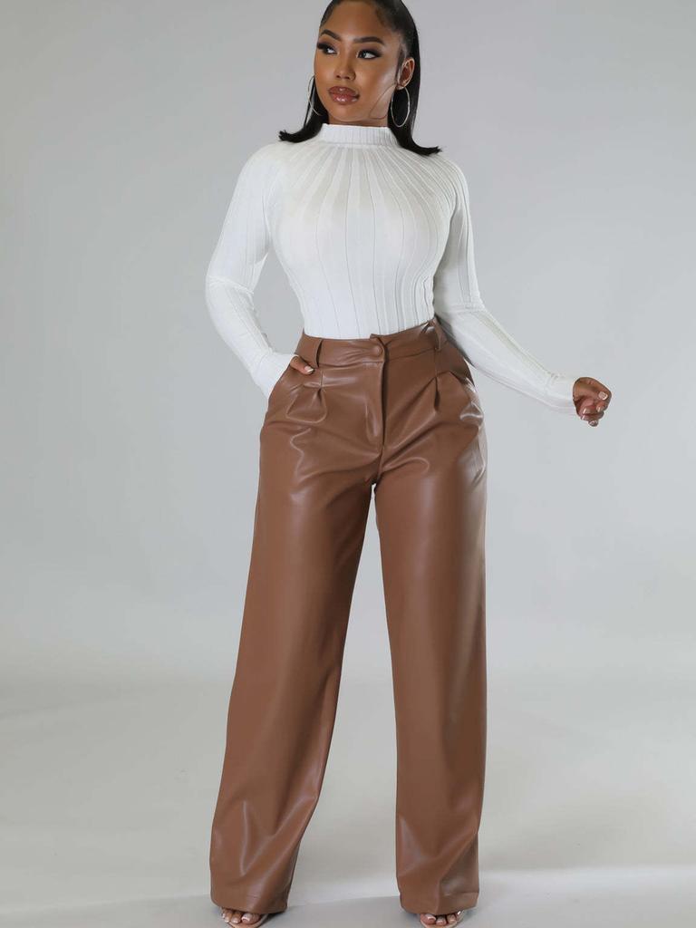 New Autumn Winter PU Women's Wide Leg Pocket Casual Leather Pants
