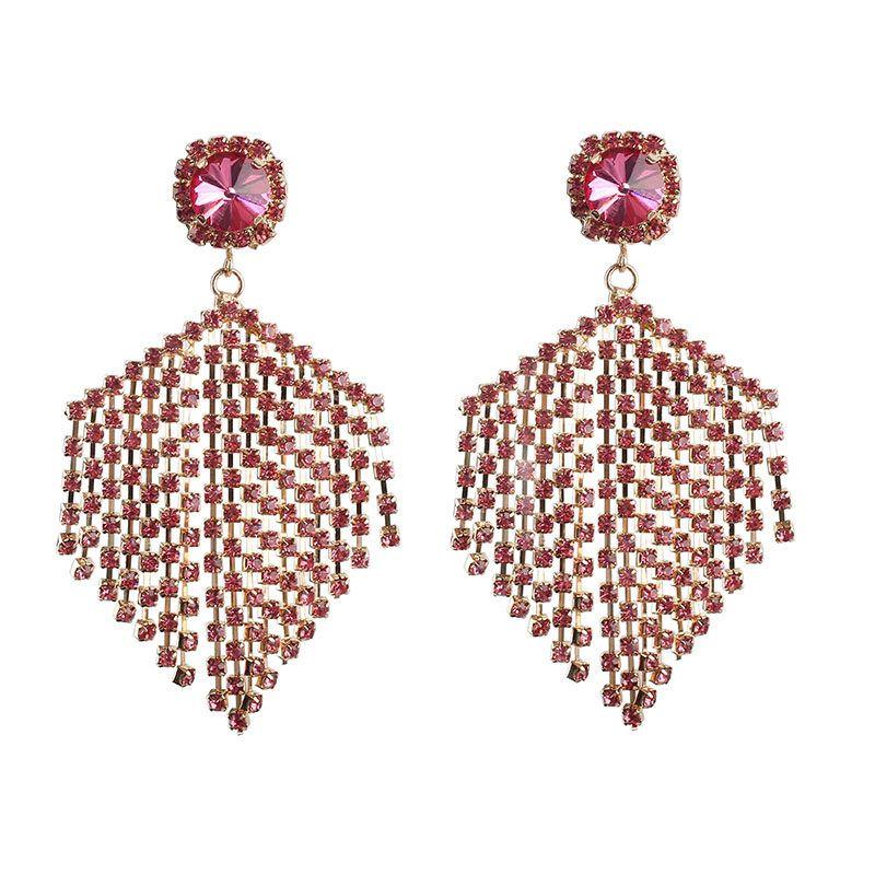Jiao Jiao Same Geometric Rose Red Stud Earrings Pink Rhinestone Tassel Drill Chain Exaggerated Earrings Fashion Face Slimming Earrings