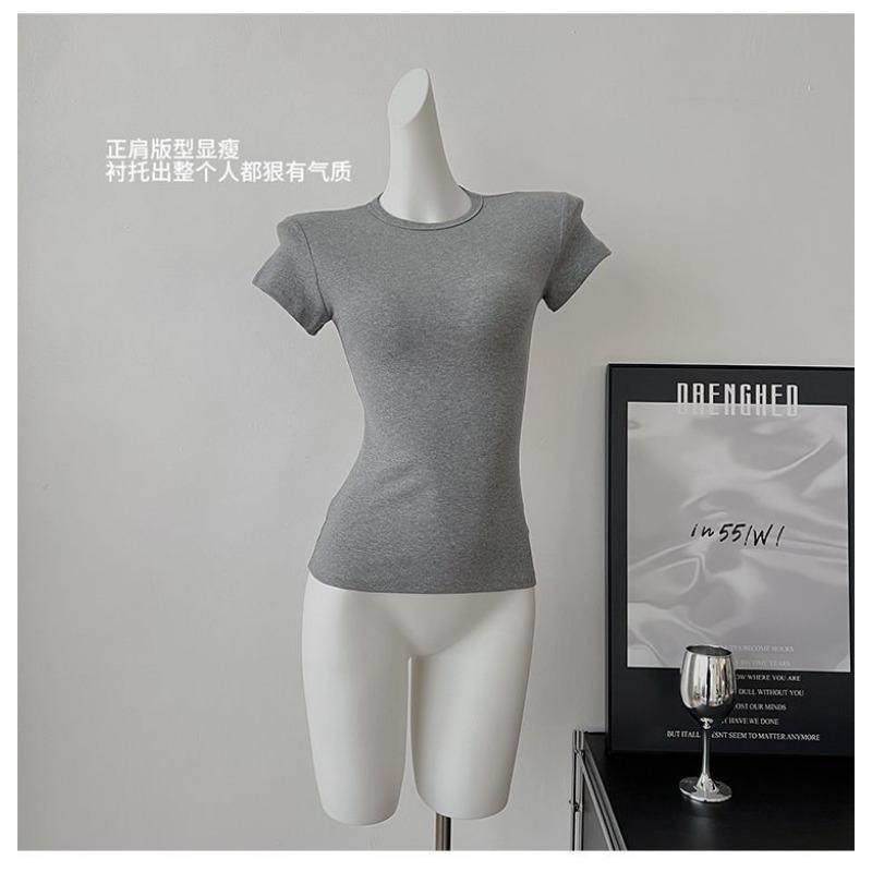 

Women s Crew Neck Short Sleeve T-shirt Slim Fit Solid Color Casual Daily Top S сірий колір