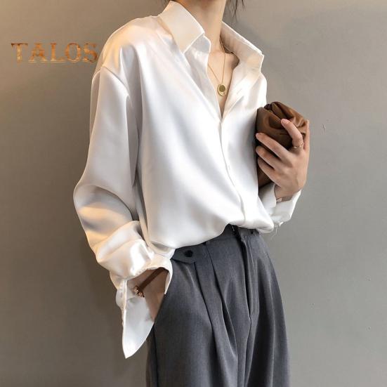 Dámská košile s klopou, dlouhým rukávem, jednoradovým zapínáním, topy, jednobarevná, hladký satén, volný střih, ležérní košile